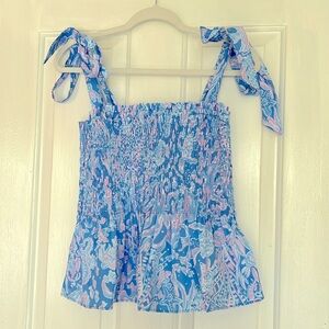 ✨NWOT✨ LILLY PULITZER RIVERA SMOCKED TOP in BOCA BLUE SEA WHAT I SEA SZ L